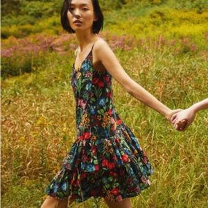 Cara Cara Tory Dress Tiered Ruched Botanical Allover Black Women's Size XS